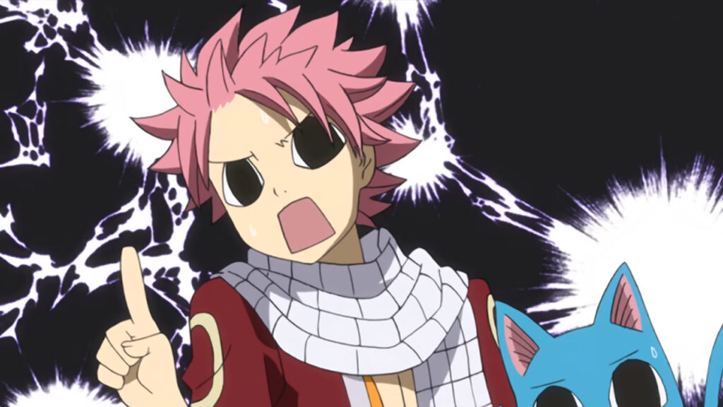 Natsu holding up a finger with pitch black eyes aside with Happy who has the same daunting expression with a zapping background.