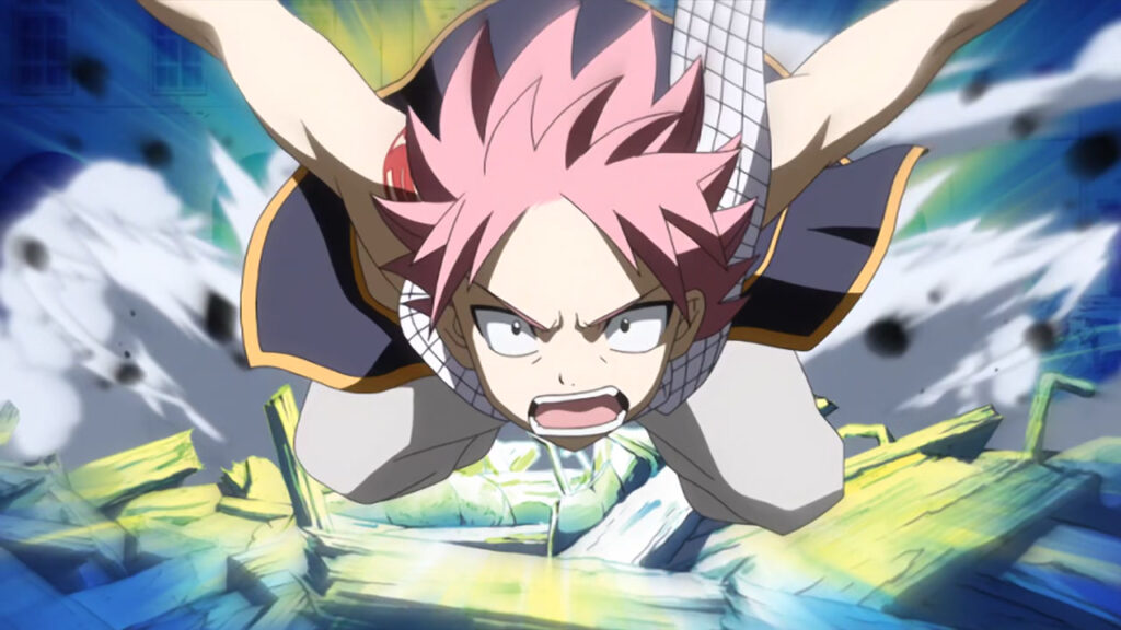 Natsu readying for battle as he launches his body forward, steam and gushing light pouring from behind his flying body.