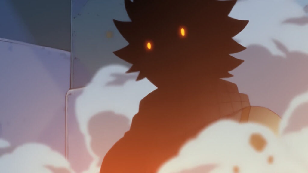 A demonic look of Natsu as his eyes glow red and his body is captured by a dark shadow appearance. Steam and smog gusting in front of him.