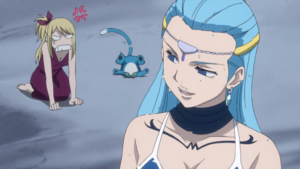 Aquarius looking smug at Lucy as water drips from her face and Lucy growls in the background with Happy's head upside-down and stuck in the sand.