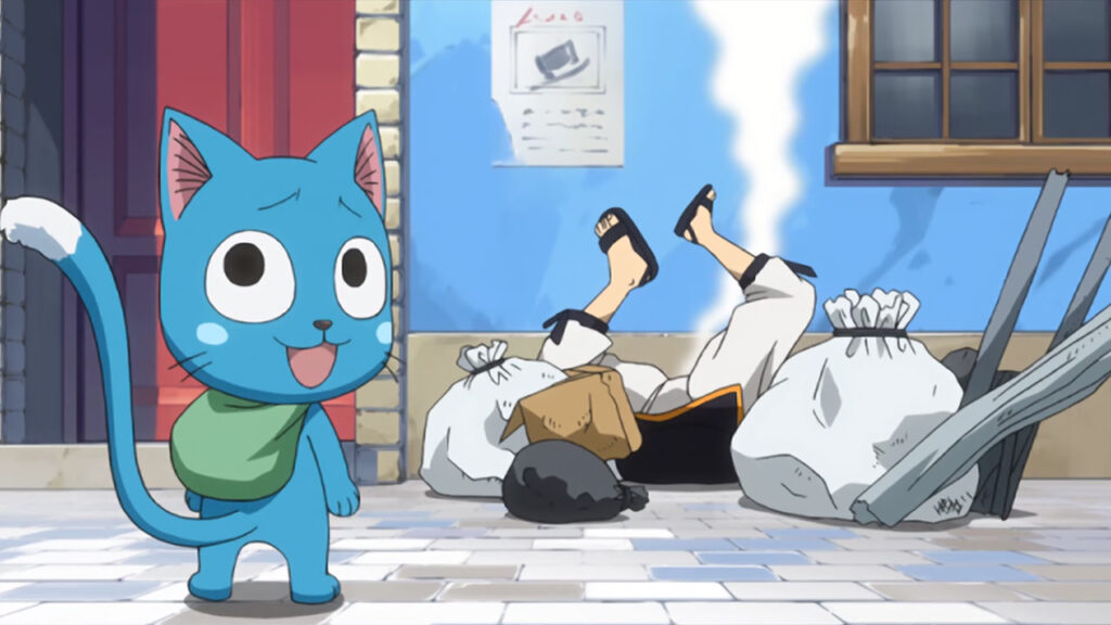 Happy giving the audience a smug turn around look at Natsu steams and struggles on his back in a pile of trash,