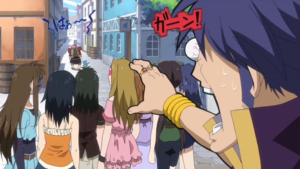 Bora shocked and reaching out to Natsu and Happy in the background as they walk away from him. Girls surrounding Bora also turning to look at Natsu and Happy.