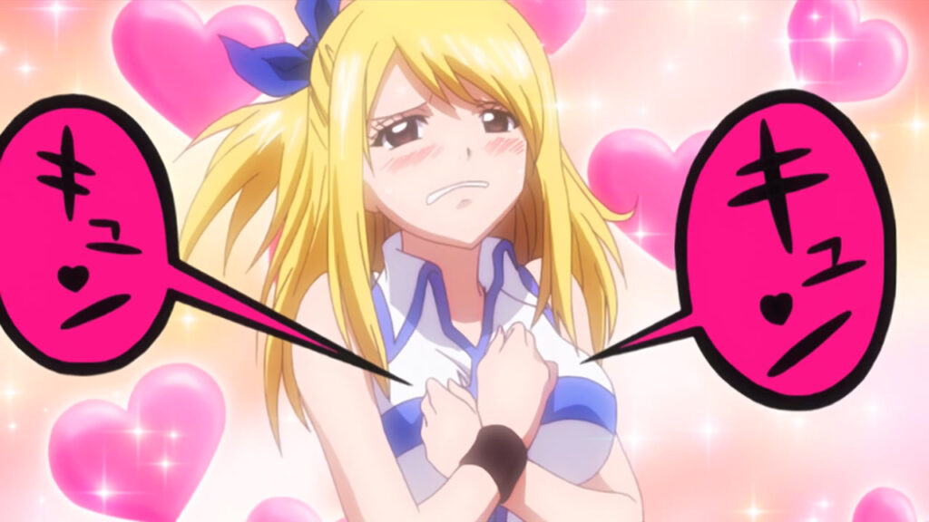 A flustered, blushing Lucy whose heart is throbbing and face blushing. Hearts sparkle and glow in the background.