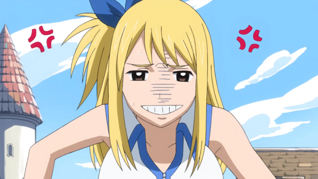 Lucy from Fairy Tail expressing anger with anger anime red marks around her, a "grr" looking face as she marches through what looks like a small town with a blue sky in the background.