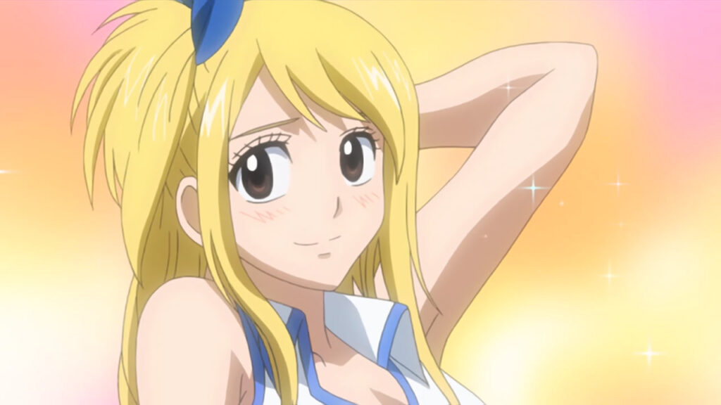 Lucy from Fairy Tail posing in a cute fashion with sparkles around her and a background with faded yellow and pink.