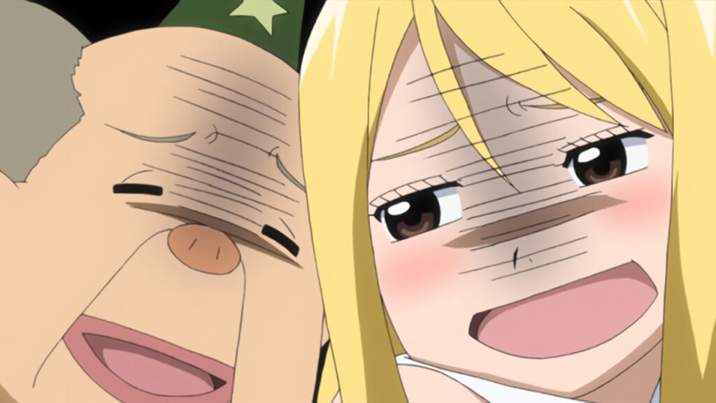 The shopkeeper and Lucy from Fairy Tail attempting to haggle and make a sale in the shop. Close up image of their faces.