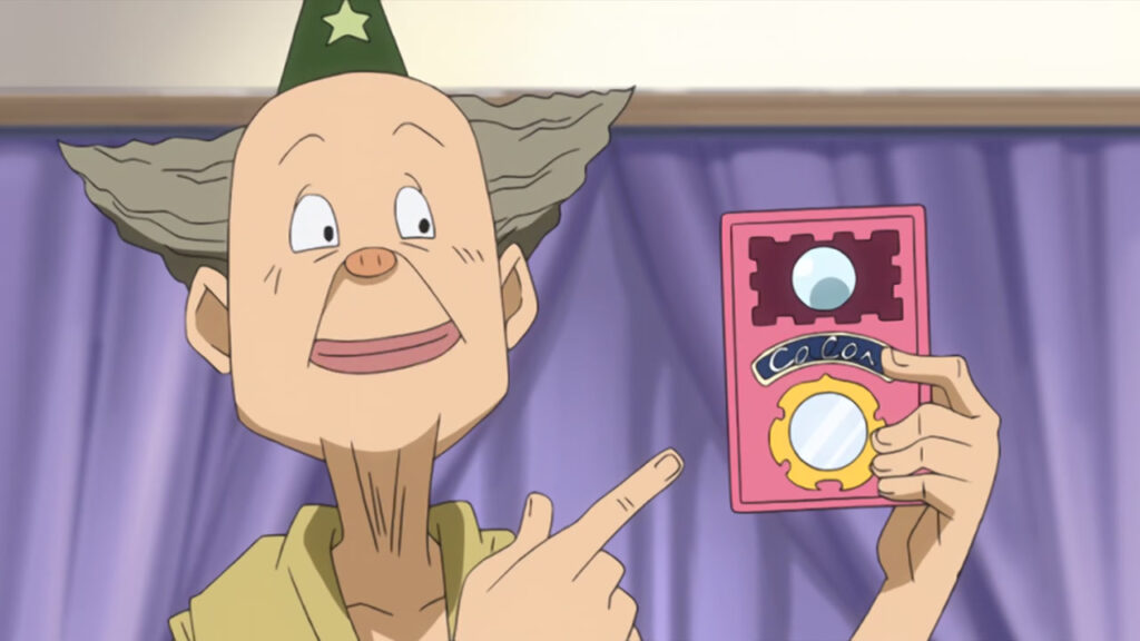 An older shopkeeper from Fairy Tail holding up a pink box attempting to sell Lucy his goods.