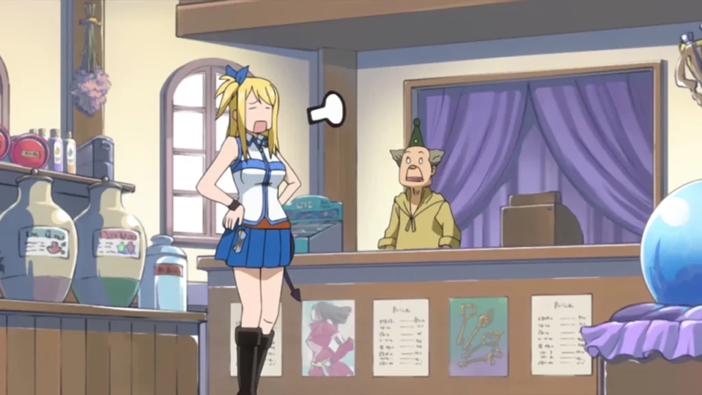 Lucy from Fairy Tail sighing with a shopkeeper behind a counter with magical goods all around them.