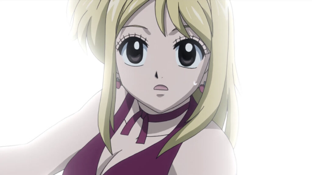 Lucy watches Natsu by looking up at him, a white glowing background envelopes her.