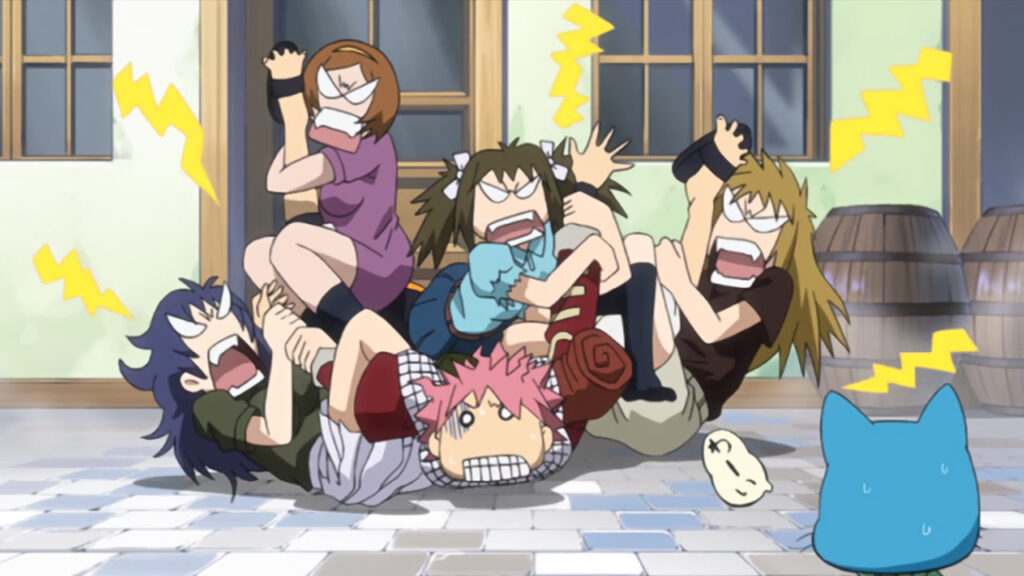 A group of angry women launch themselves at Natsu, grappling him and fussing over his arms and legs. Happy watches in concern while Natsu struggles to be set free.