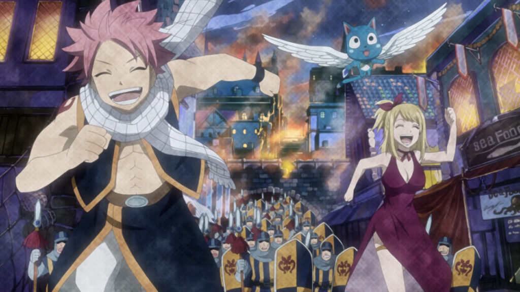 Natsu, Happy and Lucy run with laughter and glee through the burning town as the authorities and Magic Council's men chase them down.