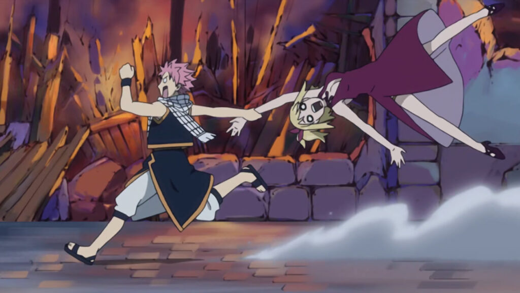 Natsu drags a flailing Lucy through the burning city as smoke catches below her struggling, groveling body.