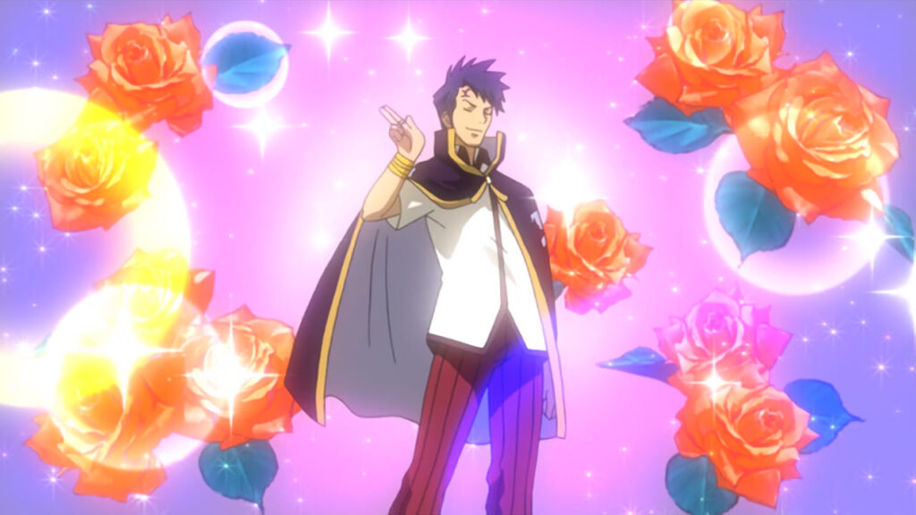 Bora from Fairy Tail posing in a delicate yet "handsome" fashion, with sparkles and roses all around him and a purple, glowing background.