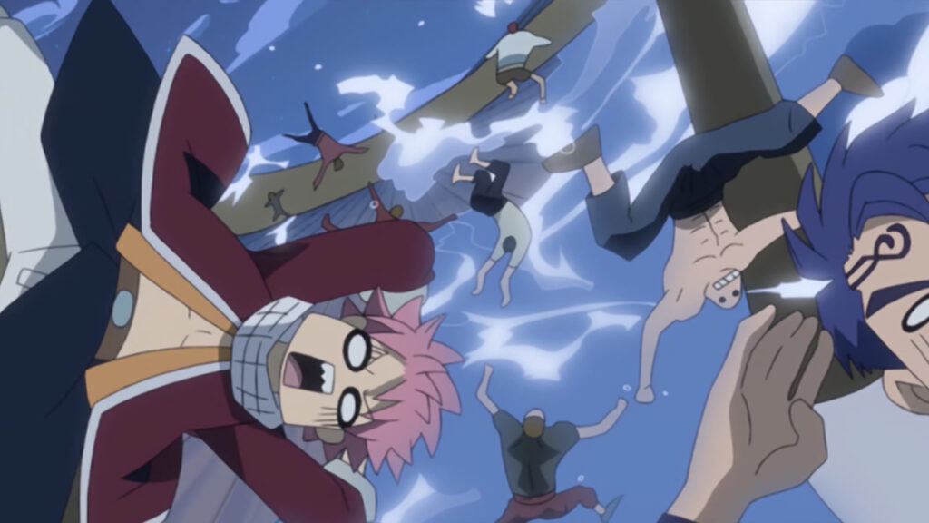 Natsu, Bora and his grunts falling from the ship and being swept away by Aquarius' water currents.