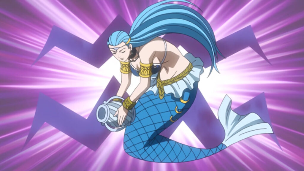 Aquarius holding onto her water jug, posing with her blue mermaid tail and golden decor draped on her arms and wrists, her light blue hair flowing behind her focused expression.