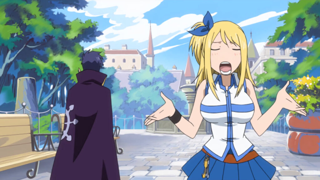 Lucy shrugging with a dense expression as Bora turns his back away from her with the town's city like backdrop.