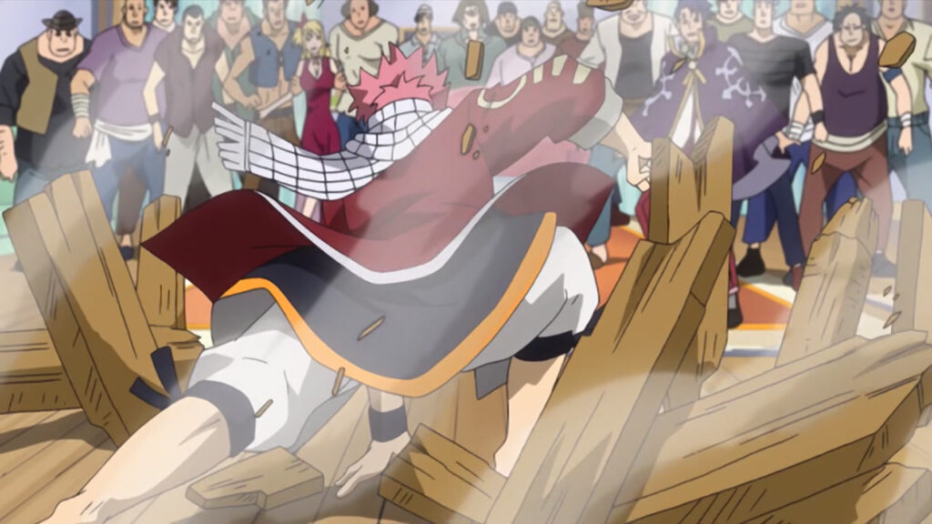 Natsu breaking into the ship's ceiling as he crashed down with wood sprawling everywhere people watching in awe in groups in the background.