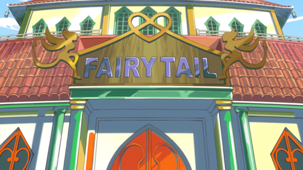 A bright, sunny day reflecting on the Fairy Tail guild sign and building.