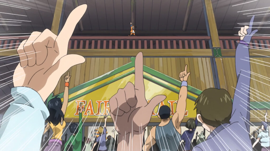 The Fairy Tail guild members hold up their fingers in a shooting gesture resembling their guild's handshake.