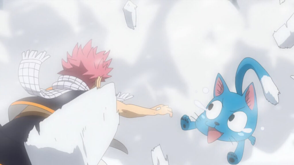 Natsu and Happy get blown from an avalanche of snow screaming and struggling to catch their footing.