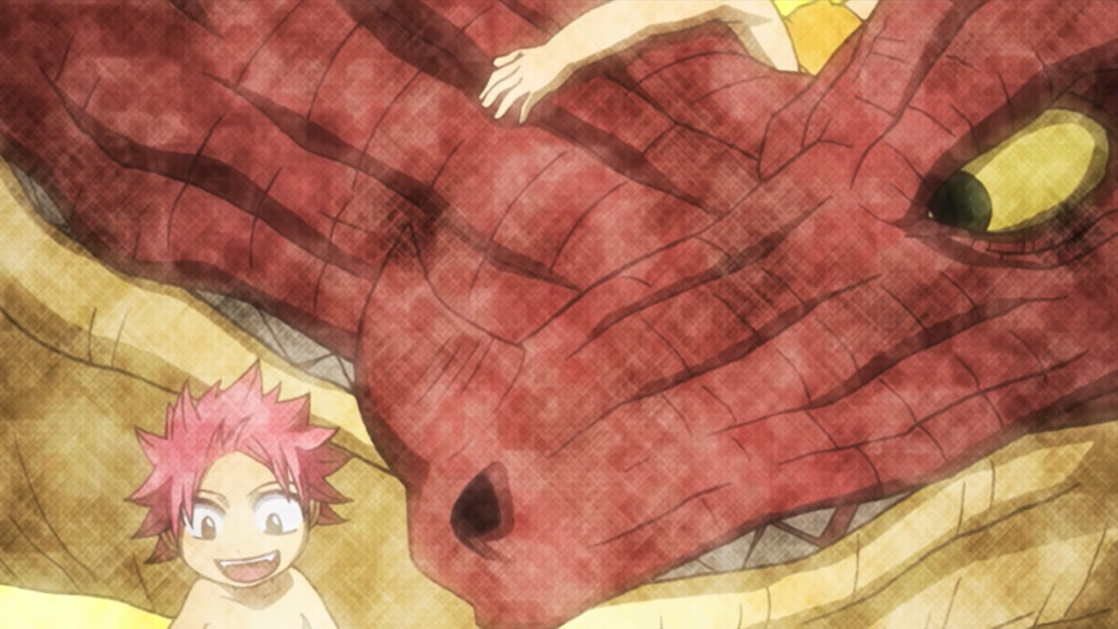 A young Natsu is being read to and looked after by a dotting Igneel teaches him how to read.