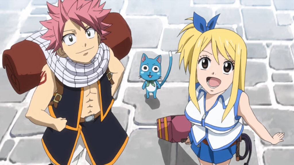Lucy, Happy and Natsu staring up at the Fairy Tail guide hall, smiling in excitement.