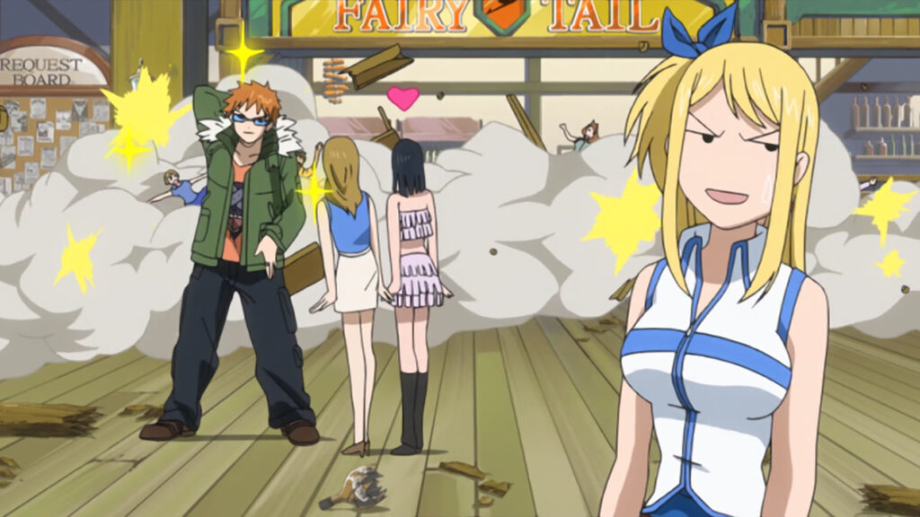 Lucy looking fed up over Loki's flirting and his harem as the fighting in the background continues riling up smoke.
