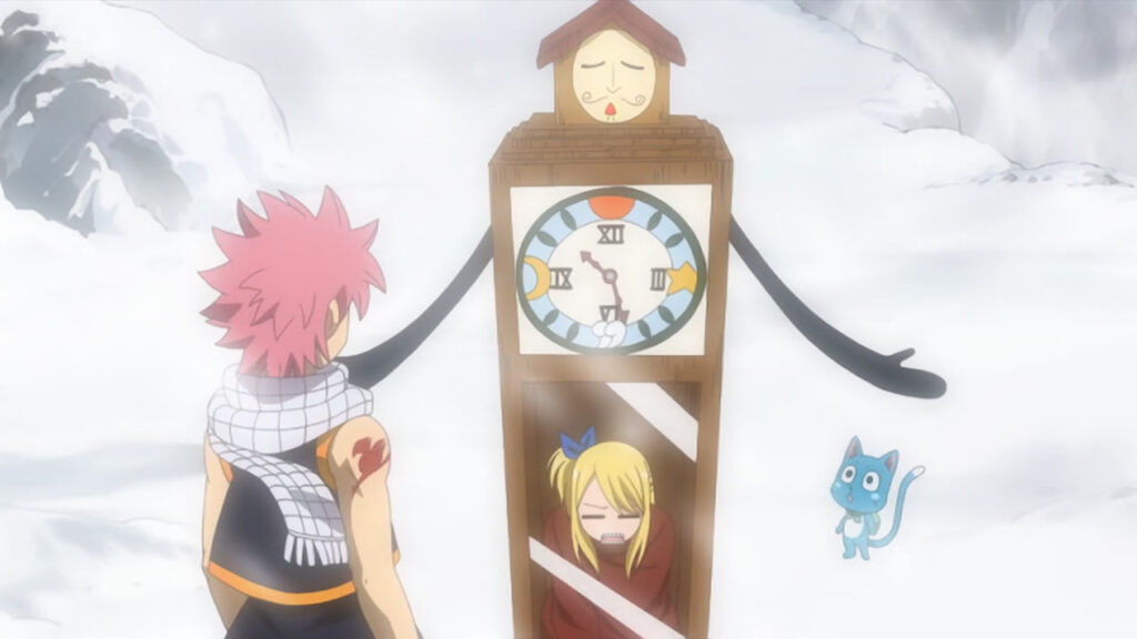 Lucy sits within a clock spirit to hide from the cold and snow while Natsu and Happy stare back at her.