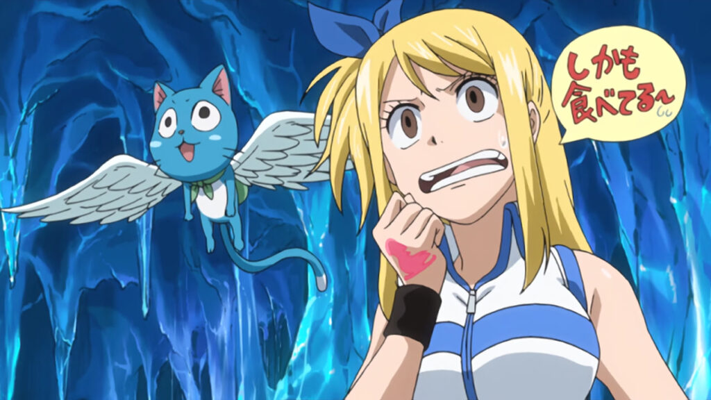 Lucy screeches with a half open mouth and shocked eyes as Happy stares blankly floating above her.