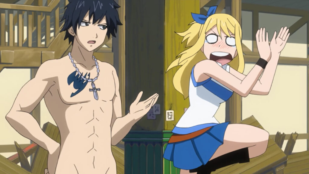 A naked Gray Fullbuster stands and chats beside Lucy who is shocked and surprised over his birthday suit.