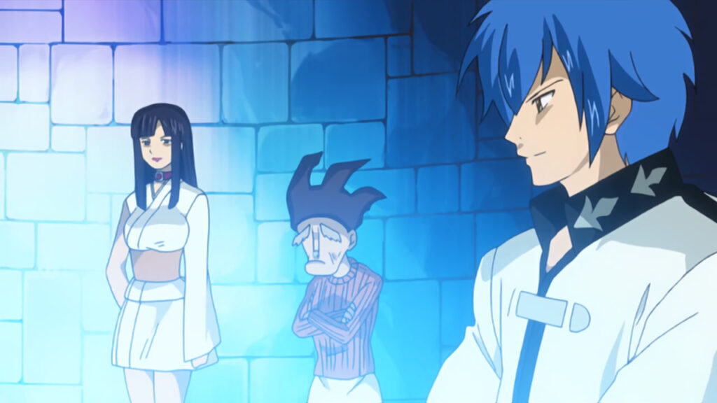 The Fairy Tail Magic Council members contemplate a plan with a blue glow shining in front of them.
