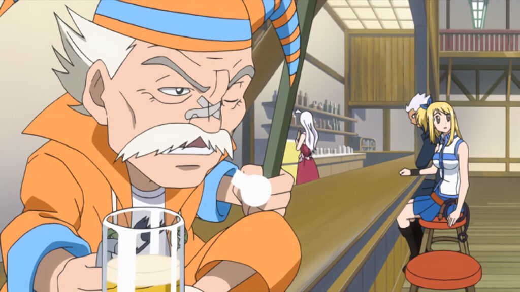 Master Makarov stressed drinks a mug of alcohol as he sighs with Lucy and Elfman in the background.