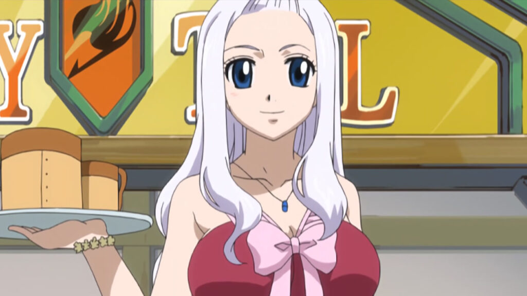 Mirajane serves a platter of drinks with kind looking eyes and a slight smile.