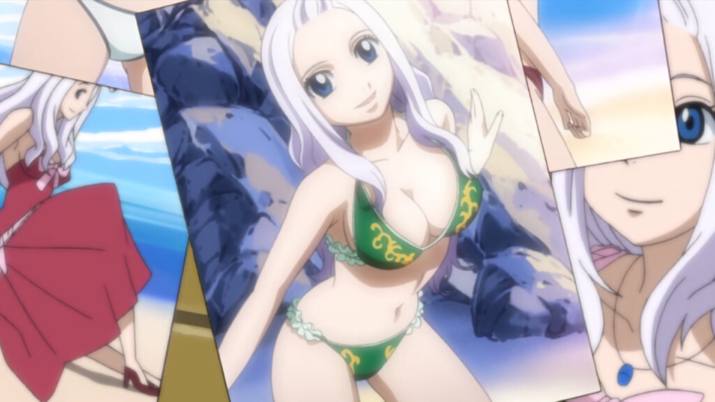 Mirajane poses as a busty model in a magazine looking back at the viewer with her bathing suit looking revealing.