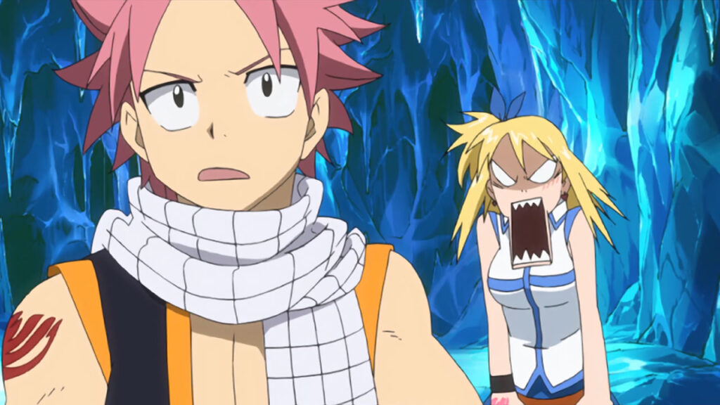 Lucy screams at Natsu with angry eyes and an open mouth, as Natsu stares blankly ahead.