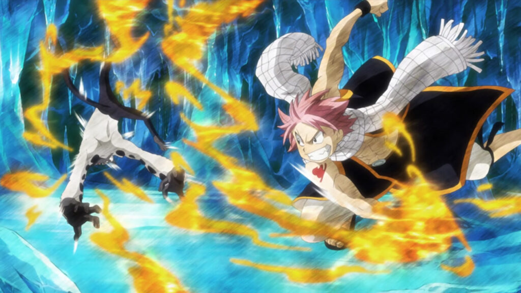 With a firey punch Natsu blasts a fire fist at the Vulcan, smirking and powerful in the icy cave.