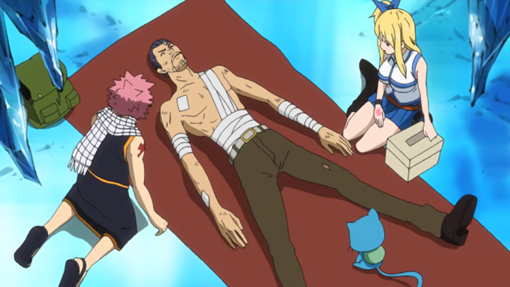 Natsu, Happy and Lucy stare down at the wounded Macao who lays tired and bandaged on Lucy's brown blanket.