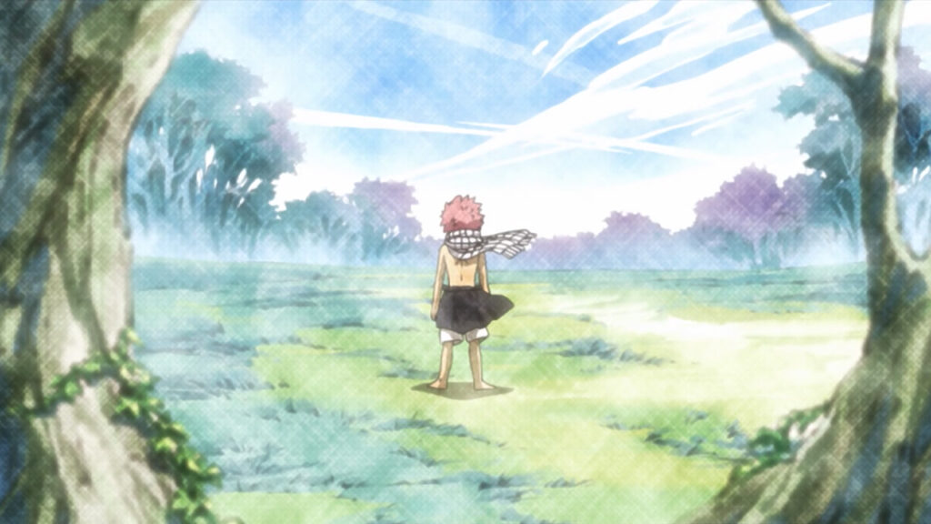 A young Natsu stands alone in a green open field with his scarf swaying in the wind.
