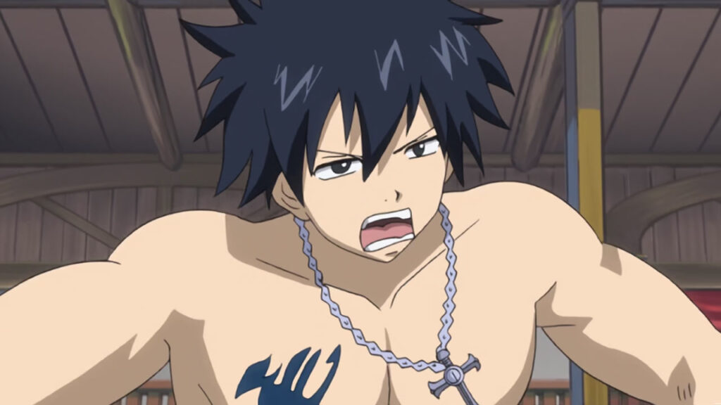 Gray Fullbuster yelling and getting angry shirtless.