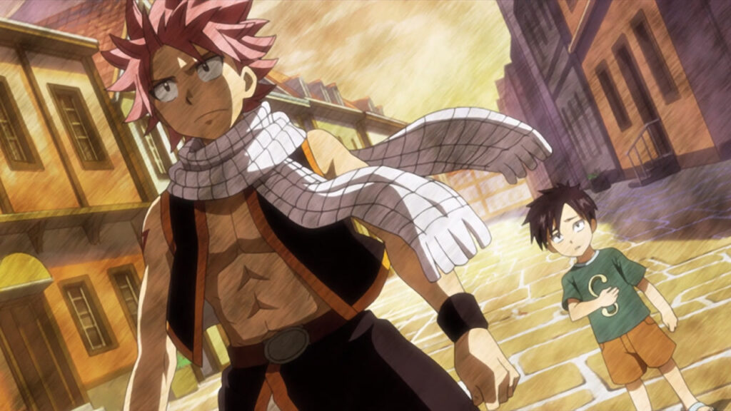 A determined Natsu passes by the crying, young Romeo as he doesn't turn back and walks off like a hero into the sunset with a paper like overlay on top of the image.