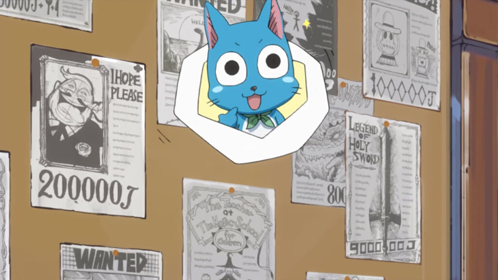 A board of guild member jobs appear on screen with Happy's face popping up in a speech bubble.