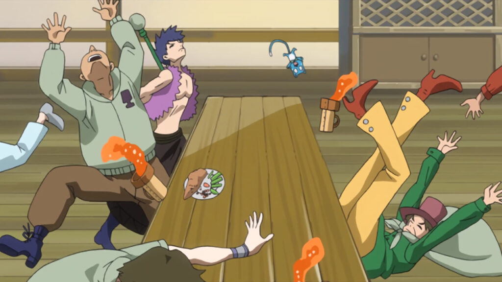 Fairy Tail Guild members falling and getting wounded on wooden tables with food and beverages flying everywhere making a mess.