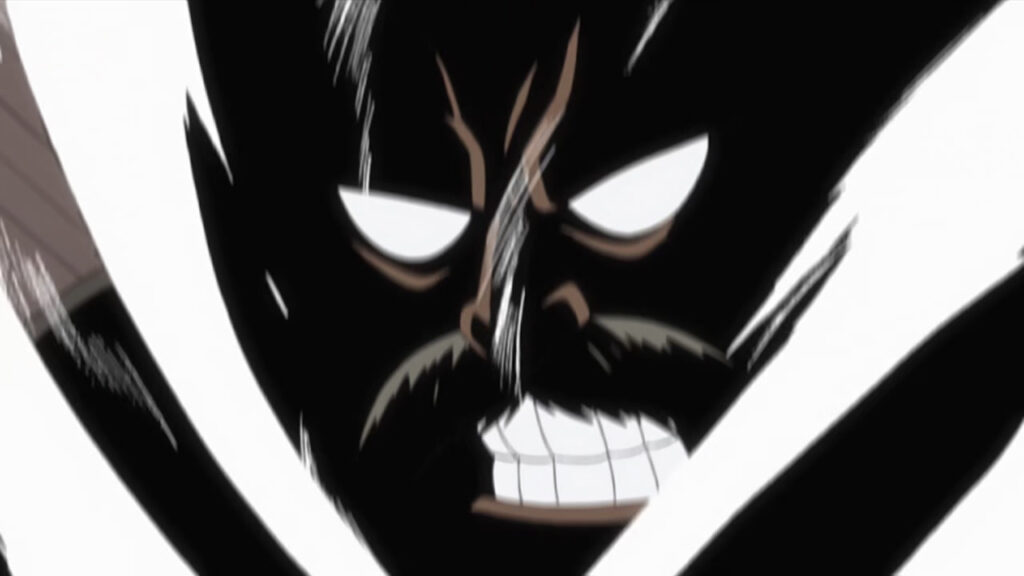 The shadow of Master Makarov slowly smokes downward, teeth clenched and eyes looking angry and focused.