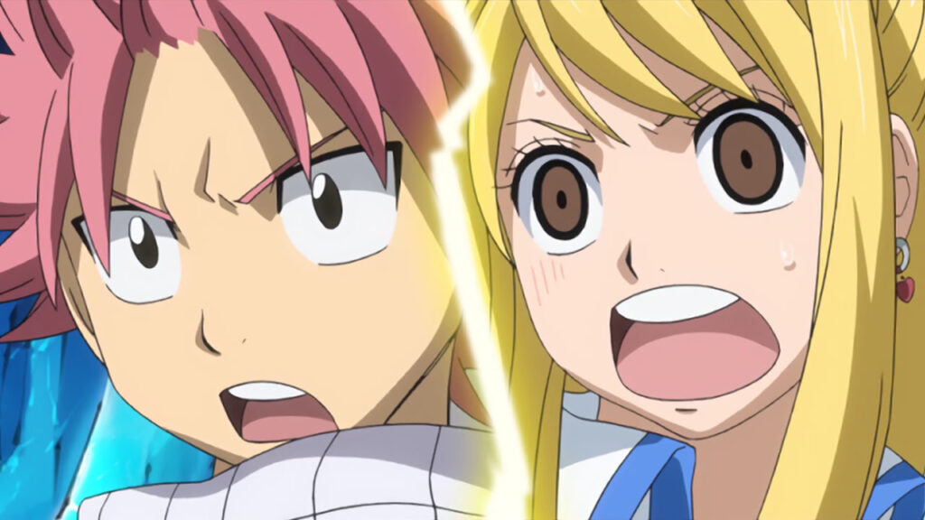 Natsu has a confused by also determined look on his face as the image cuts in half with Lucy looking scared and traumatized. 