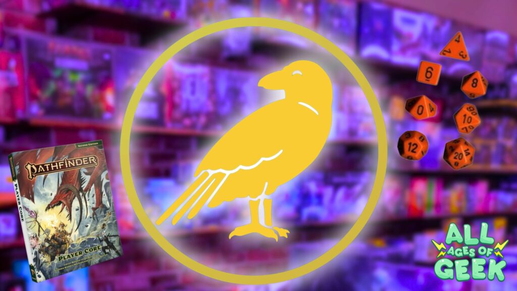 Image of the Gilded Raven Games store. The store logo, featuring a golden raven inside a circle, is prominently displayed. The background shows shelves filled with various board games, creating a colorful and vibrant atmosphere. On the left side of the image, there is a copy of the Pathfinder Player Core book. On the right side, several polyhedral dice, commonly used in tabletop role-playing games, are visible. The All Ages of Geek logo is positioned in the bottom right corner of the image
