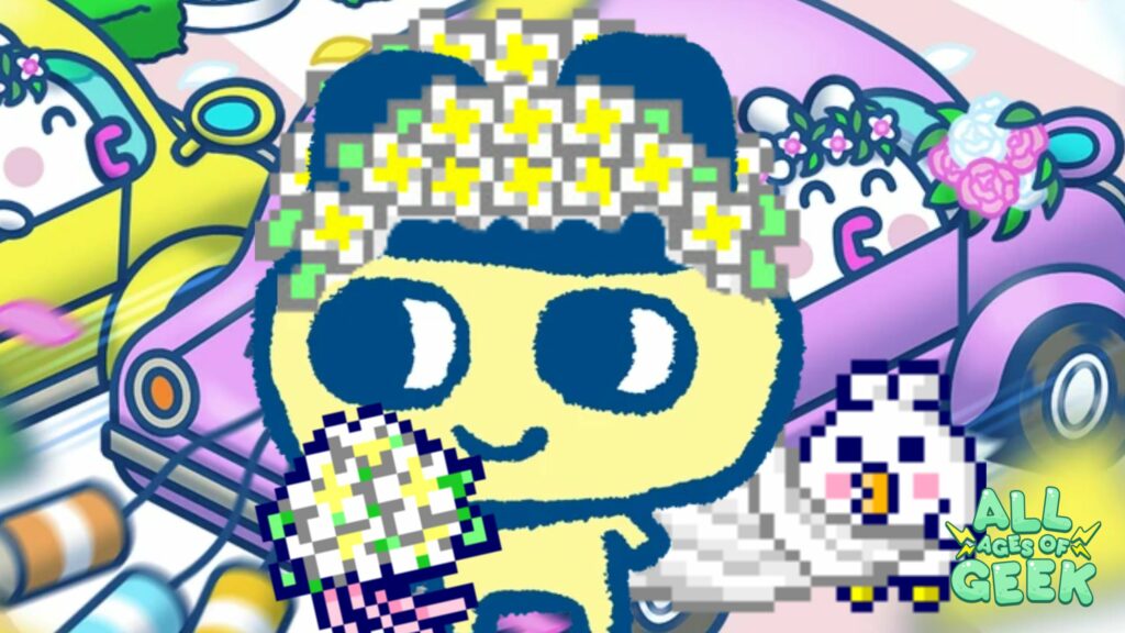 A colorful image featuring pixel art characters from the Tamagotchi universe participating in Honeymoon Racing. The scene shows a happy Tamagotchi character with a bouquet and a veil, racing in a flower-decorated bridal car with another cheerful Tamagotchi character. The background includes elements of a celebratory race track with festive decorations. The "All Ages of Geek" logo is visible in the bottom right corner, highlighting the event.