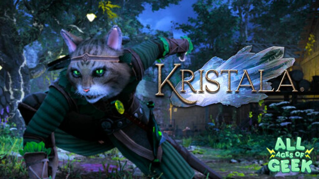 A promotional image for the game Kristala. The image features a catlike warrior in an action pose, with green eyes and wearing medieval-style armor. The background depicts a fantasy forest setting with glowing lights and dark foliage. The Kristala logo is prominently displayed, featuring stylized text and a crystal-like design. The All Ages of Geek logo is visible in the bottom right corner.