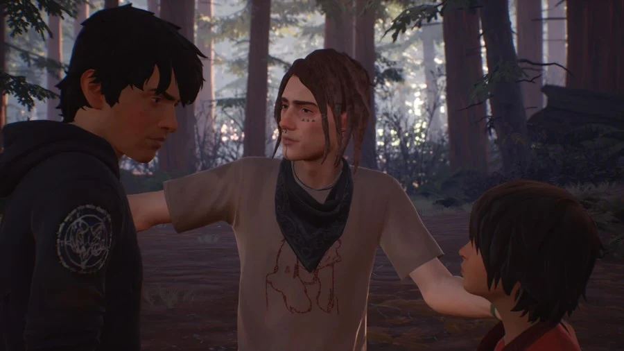 The Life is Strange 2 brothers staring back at each other as a character in the middle holds them both back within a forest.