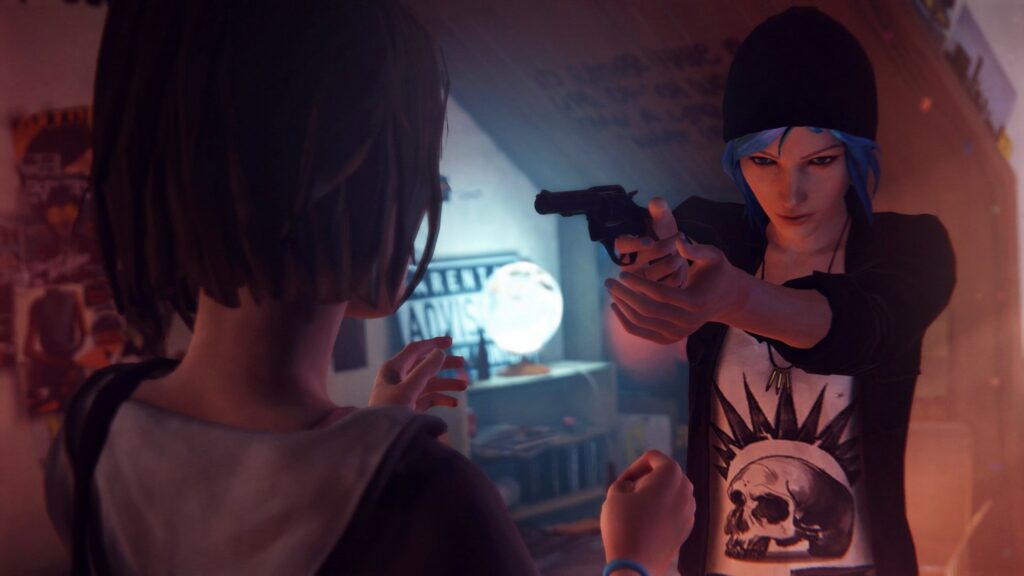 Chloe Price holds a gun at Max Caufield in her room, a light blue light shimmering behind them.