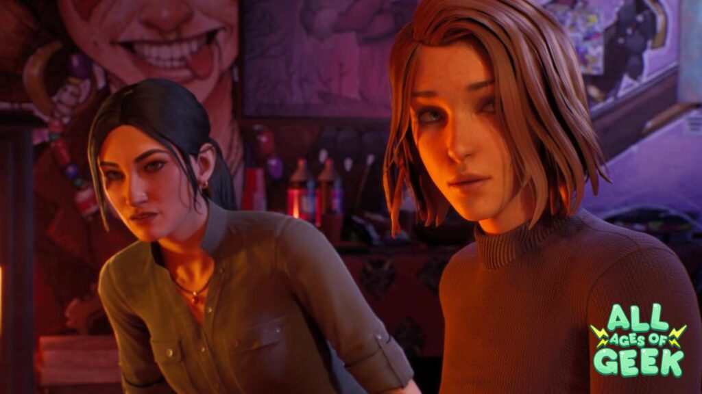 Life is Strange: Double Exposure Safi and Max looking off camera at something in the foreground, art pictures and drinks are behind them with a purple and red light the All Ages of Geek logo on the right bottom.